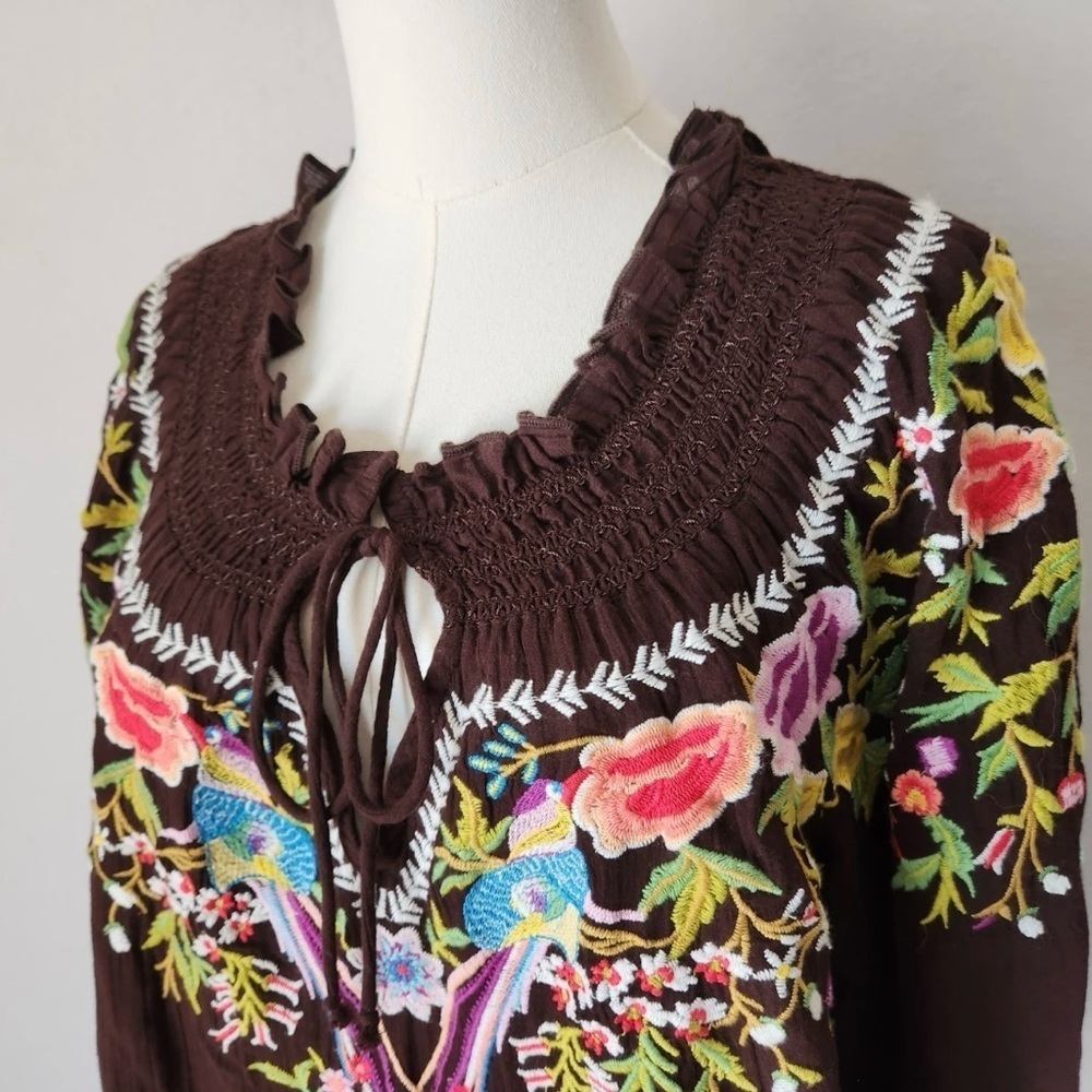 Sundance Amora Blooms Bird Floral Embroidered Boho Top Cotton Brown Small Petite - Picture 3 of 7